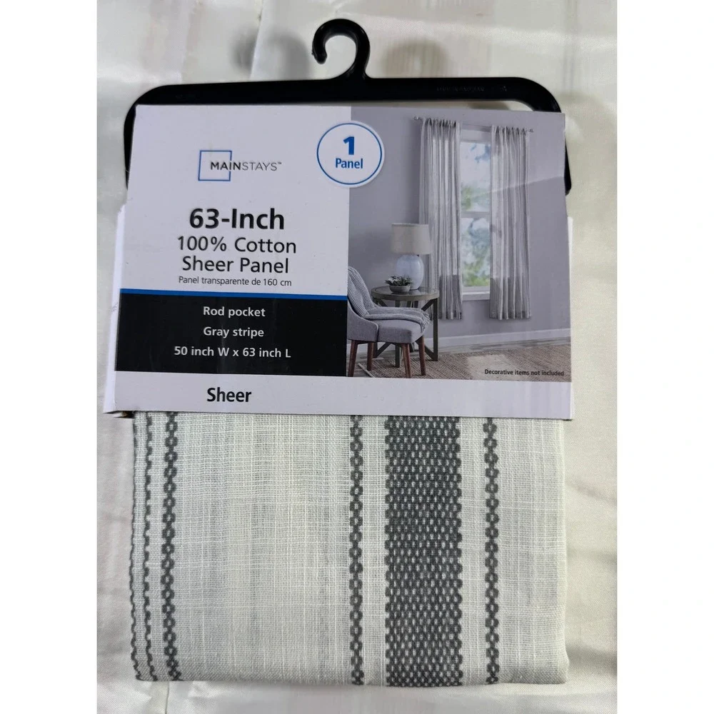 Mainstays 63-Inch 100% Cotton Sheer Panel Gray Stripe 50x63 Rod Pocket Curtain